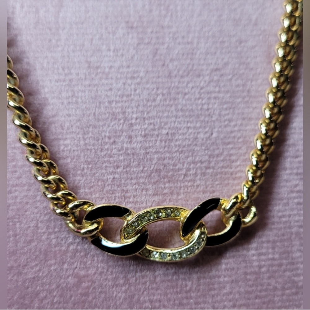 Christian Dior Gold Platted Necklace With Black Enamel And Rhinestones